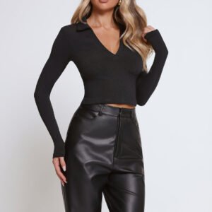 BASE Form Luxe Knit Collared Long Sleeve Top Black