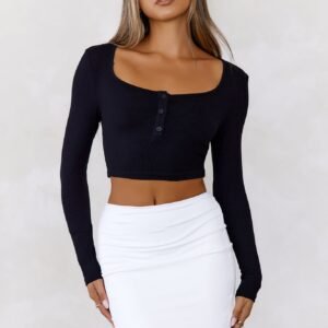 BASE The Lounge Around Ribbed Long Sleeve Crop Top Black