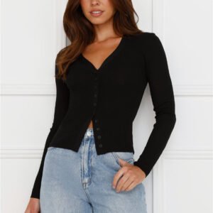 Buttoned Up Ribbed Long Sleeve Top Black