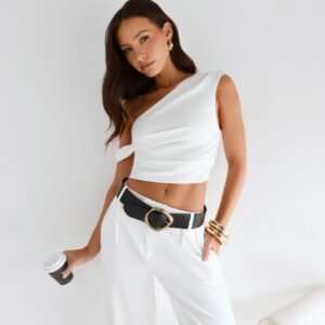 The Edit Tailored Off Shoulder Crop Top White