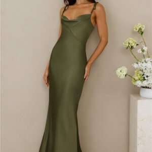 The Penelope Cowl Satin Maxi Dress Olive