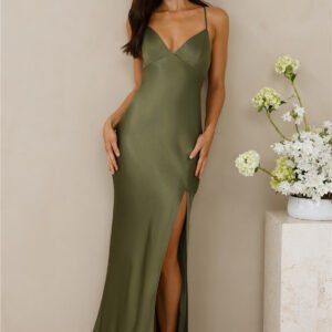 The Sophia Satin Maxi Dress Olive