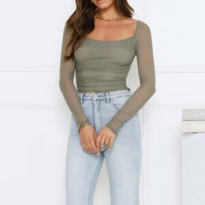 Decadent Style Mesh Long Sleeve Crop Top Sage