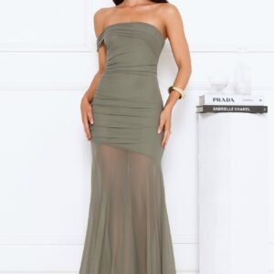 Sepia Sunset One Shoulder Mesh Maxi Dress Sage