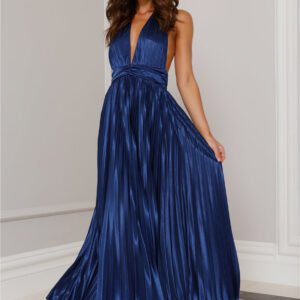 Shimmering Sea Pleated Halter Maxi Dress Navy