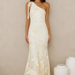 Glossy Girl One Shoulder Mesh Maxi Dress Yellow