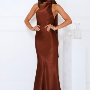 She’s Got Plans Satin Maxi Dress Brown