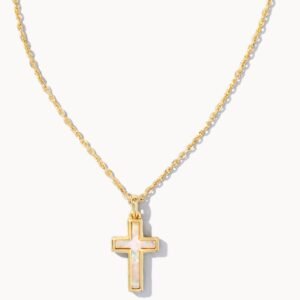 Cross Pendant Necklace Gold White Opal
